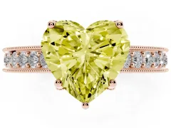 Fancy Yellow Heart Cut Diamond Solitaire Ring Set in Rose gold with Milgrain-Edged Pavé Band and Prong Setting