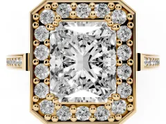 Radiant Cut Diamond Halo Ring Set in Yellow gold with Accent-Lined Split Shank and Prong Setting