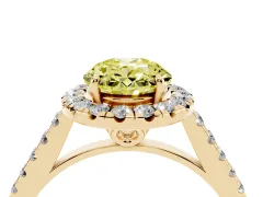 Fancy Yellow Oval Cut Diamond Pavé Halo Engagement Ring Set in Yellow gold with Pavé Band and Prong Setting
