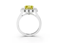 Fancy Yellow Asscher Cut Diamond Cluster Halo Ring Set in White gold with Milgrain Bezel Accents and Plain Band