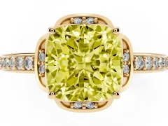 Fancy Yellow Cushion Cut Diamond Halo Ring Set in Yellow gold with Channel Set Band and Prong Setting