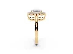 Emerald Cut Diamond Halo Cluster Engagement Ring Set in Yellow gold with Solitaire Band and Prong Setting