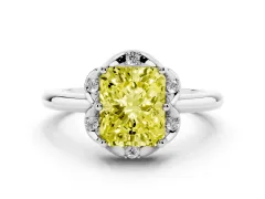 Fancy Yellow Radiant Cut Diamond Round Cluster Halo Ring Set in Silver with Solitaire Band and Prong Setting