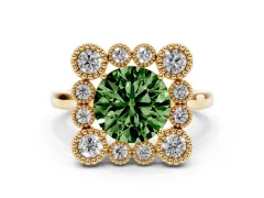 Fancy Green Round Cut Diamond Cluster Halo Ring Set in Yellow gold with Milgrain Bezel Accents and Plain Band