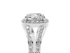 Cushion Cut Diamond Halo Split Shank Pavé Ring Set in White gold with Prong Setting