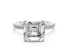 Asscher Cut Diamond Solitaire Engagement Ring Set in Silver with Round Pavé Band and Prong Setting