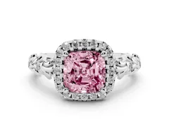Fancy Pink Cushion Cut Diamond Halo Ring Set in White gold with Filigree Leaf Band and Prong Setting