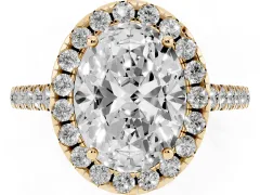 Oval Cut Diamond Pavé Halo Engagement Ring Set in Yellow gold with Pavé Band and Prong Setting