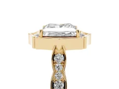 Princess Cut Diamond Halo Engagement Ring Set in Yellow gold with Milgrain Band and Prong Setting
