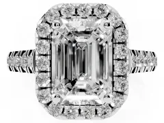 Emerald Cut Diamond Halo Engagement Ring Set in White gold with Pavé Band and Prong-Set Center
