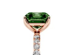 Fancy Green Asscher Cut Diamond Solitaire Engagement Ring Set in Rose gold with Round Pavé Band and Prong Setting