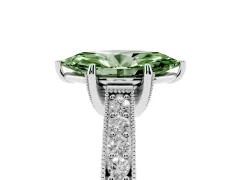 Fancy Green Marquise Cut Diamond Solitaire Ring Set in Platinum with Milgrain-Edged Pavé Band and Prong Setting