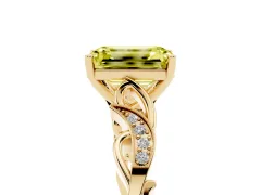 Fancy Yellow Emerald Cut Diamond Vine Band Solitaire Ring Set in Yellow gold with Milgrain Prong Setting