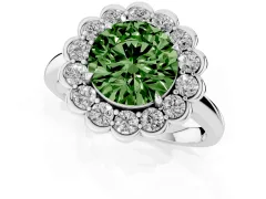 Fancy Green Round Cut Diamond Halo Cluster Engagement Ring Set in Silver with Solitaire Band and Prong Setting