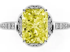 Fancy Yellow Radiant Cut Diamond Halo Ring Set in Silver with Channel Set Band and Prong Setting