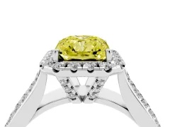 Fancy Yellow Radiant Cut Diamond Halo Ring Set in Platinum with Pavé Band and Raised Center Setting