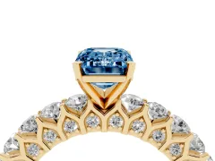Fancy Blue Emerald Cut Diamond Solitaire Ring Set in Yellow gold with Shared Prong Pavé Band