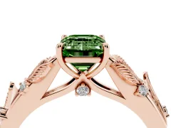 Fancy Green Emerald Cut Diamond Solitaire Ring Set in Rose gold with Leaf Motif Band