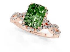 Fancy Green Radiant Cut Diamond Halo Twist Band Solitaire Ring Set in Rose gold with Prong-Set Center Stone