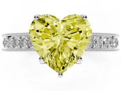 Fancy Yellow Heart Cut Diamond Solitaire Ring Set in Silver with Milgrain-Edged Pavé Band and Prong Setting