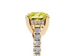 Fancy Yellow Cushion Cut Diamond Solitaire Ring Set in Yellow gold with Brilliant Pavé Band and Prong Setting