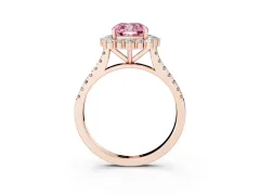 Fancy Pink Cushion Cut Diamond Halo Ring Set in Rose gold with Pavé Band and Prong Setting