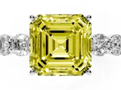 Fancy Yellow Asscher Cut Diamond Five-Stone Prong Set Band Ring Set in White gold with Polished Band