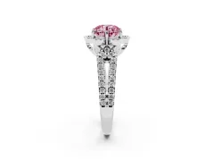 Fancy Pink Round Cut Diamond Floral Halo Split Shank Engagement Ring Set in White gold with Pavé Shank