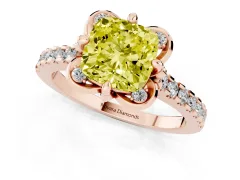 Fancy Yellow Cushion Cut Diamond Solitaire Ring Set in Rose gold with Pavé Band and Floral Prong Setting