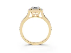 Asscher Cut Diamond Halo Engagement Ring Set in Yellow gold with Round Pavé Shoulders and Heart Gallery