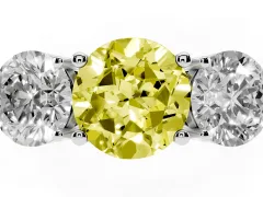 Fancy Yellow Round Cut Diamond Three-Stone Ring Set in Platinum with Prong Setting and Plain Band