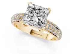 Princess Cut Diamond Solitaire Ring Set in Yellow gold with Multi-Row Round Pavé Band and Prong Setting