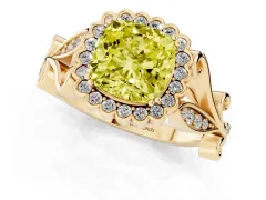 Fancy Yellow Cushion Cut Diamond Halo Ring Set in Yellow gold with Leaf Motif Split Shank and Prong Setting