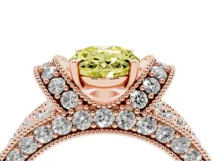 Fancy Yellow Oval Cut Diamond Milgrain Halo Pavé Engagement Ring Set in Rose gold with Prong Setting