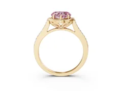 Fancy Pink Heart Cut Diamond Halo Ring Set in Yellow gold with Pavé-Lined Shoulders and Prong Setting