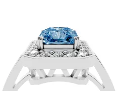 Fancy Blue Radiant Cut Diamond Halo Ring Set in Platinum with Accent-Lined Split Shank and Prong Setting