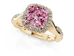 Fancy Pink Cushion Cut Diamond Halo Twist Band Solitaire Ring Set in Yellow gold with Prong Setting