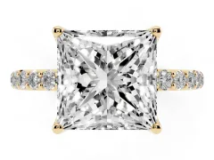Princess Cut Diamond Solitaire Engagement Ring Set in Yellow gold with Round Pavé Band and Prong Setting