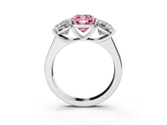 Fancy Pink Cushion Cut Diamond Three-Stone Ring Set in Silver with Plain Polished Band