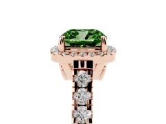 Fancy Green Cushion Cut Diamond Halo Engagement Ring Set in Rose gold with Pavé Band and Prong-Set Center