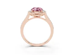 Fancy Pink Round Cut Diamond Halo Ring Set in Rose gold with Pavé-Lined Shoulders and Prong Setting