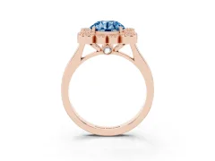 Fancy Blue Round Cut Diamond Cluster Halo Ring Set in Rose gold with Milgrain Bezel Accents and Plain Band