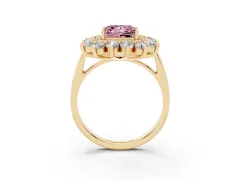 Fancy Pink Princess Cut Diamond Floral Double Halo Ring Set in Yellow gold with Round Petals