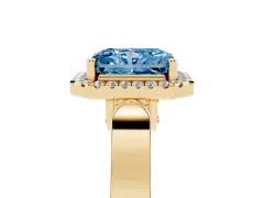 Fancy Blue Radiant Cut Diamond Halo Ring Set in Yellow gold with Pavé-Lined Split Shank Band
