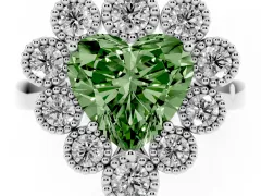 Fancy Green Heart Cut Diamond Cluster Halo Ring Set in Platinum with Milgrain Bezel Accents and Plain Band
