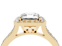 Asscher Cut Diamond Halo Engagement Ring Set in Yellow gold with Round Pavé Shoulders and Heart Gallery