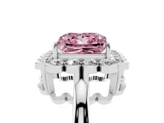 Fancy Pink Princess Cut Diamond Halo Cluster Engagement Ring Set in White gold with Solitaire Band and Prong Setting