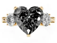Fancy Black Heart Cut Diamond Three-Stone Ring Set in Yellow gold with Pavé Band and Smaller Side Stones