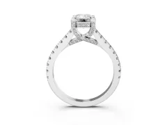 Emerald Cut Diamond Solitaire Ring Set in White gold with Brilliant Pavé Band and Prong Setting