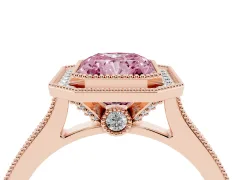 Fancy Pink Radiant Cut Diamond Halo Milgrain Pavé Band Ring Set in Rose gold with Prong Setting